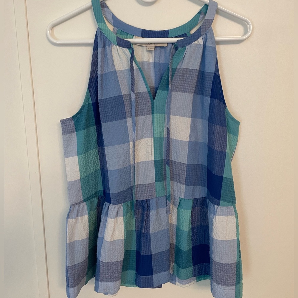 LOFT Multicolor Shades of Blue Checkered Peplum Tank Top Tie Detail Size S - Picture 3 of 6
